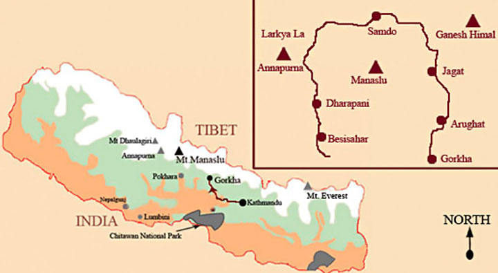 Mapa de Nepal, Monte Manaslú entre India y el Tibet