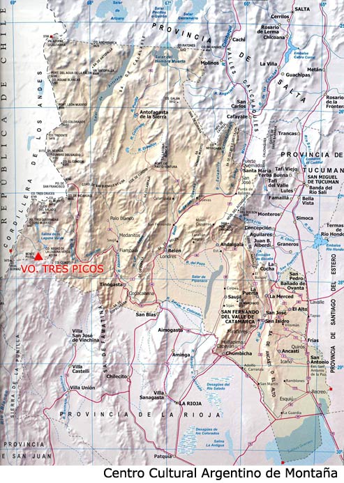 Ubicación del Volcán Tres Picos, Provincia de Catamarca, Argentina 