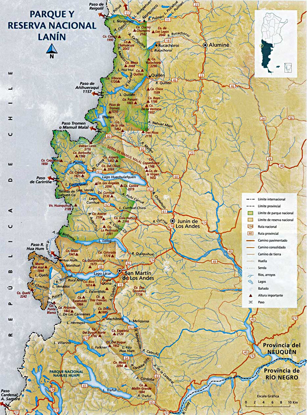 Ubicación del Parque Nacional Lanin, Provincia de Neuquen, Argentina. Cartografía: Nélida Iglesias y María Teresa Cereceda. Parques Nacionales, Aguilar